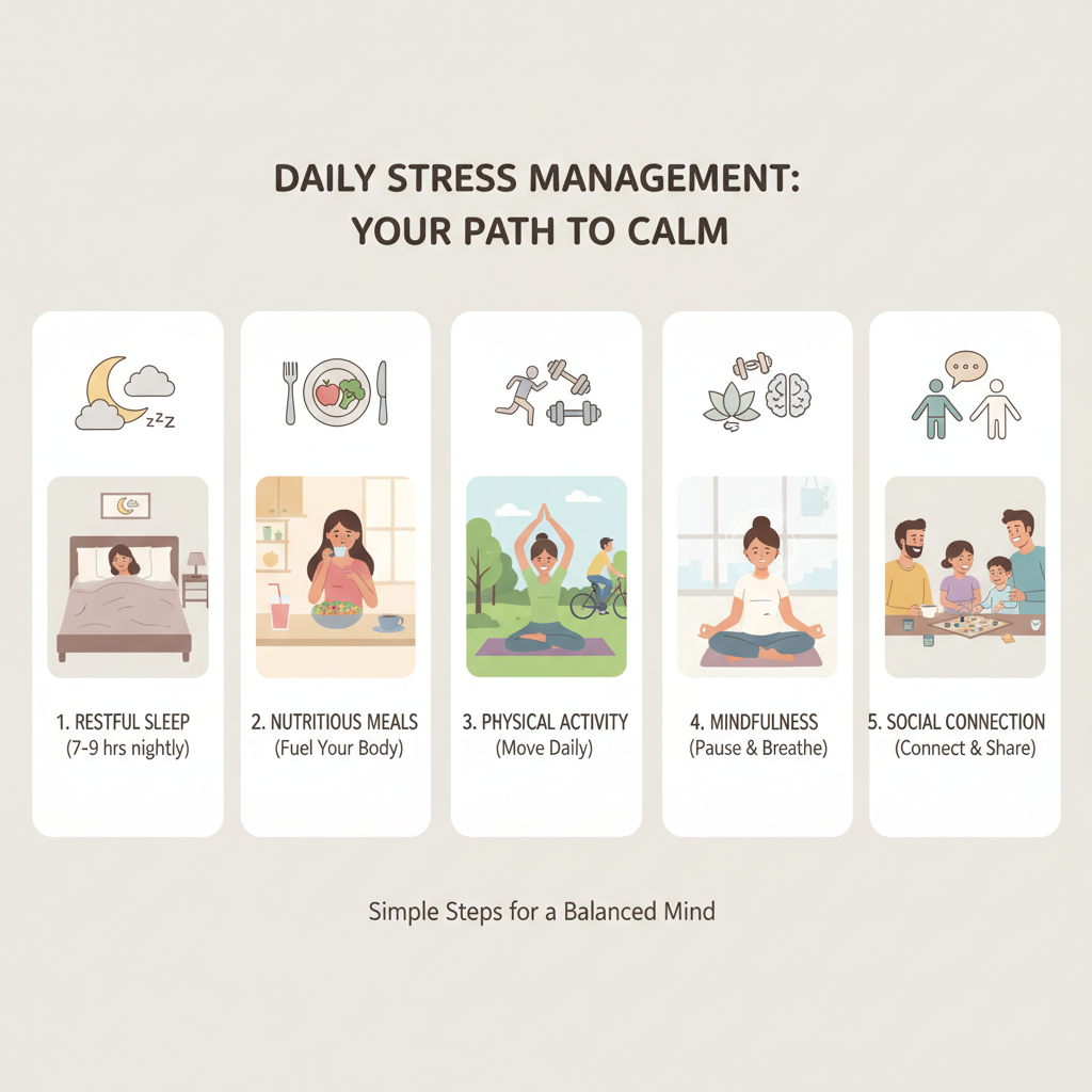 Resource icons and FAQs showing helpful guides and question marks for stress management