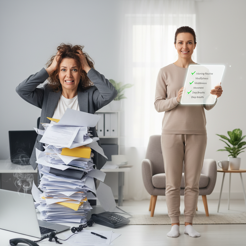 Step-by-step guide to daily stress management practices icons showing restful sleep, meals, physical activity, mindfulness, social connection