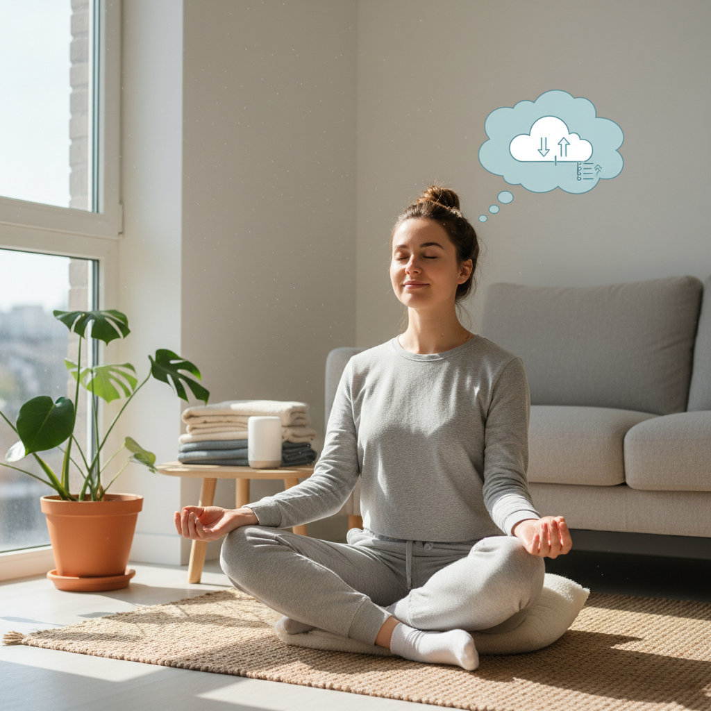A cozy and encouraging scene showing a beginner practicing mindfulness tips, such as a person incorporating mindfulness into daily routines like brushing teeth or standing in line, with calming surroundings and use of a mindfulness app on their phone.