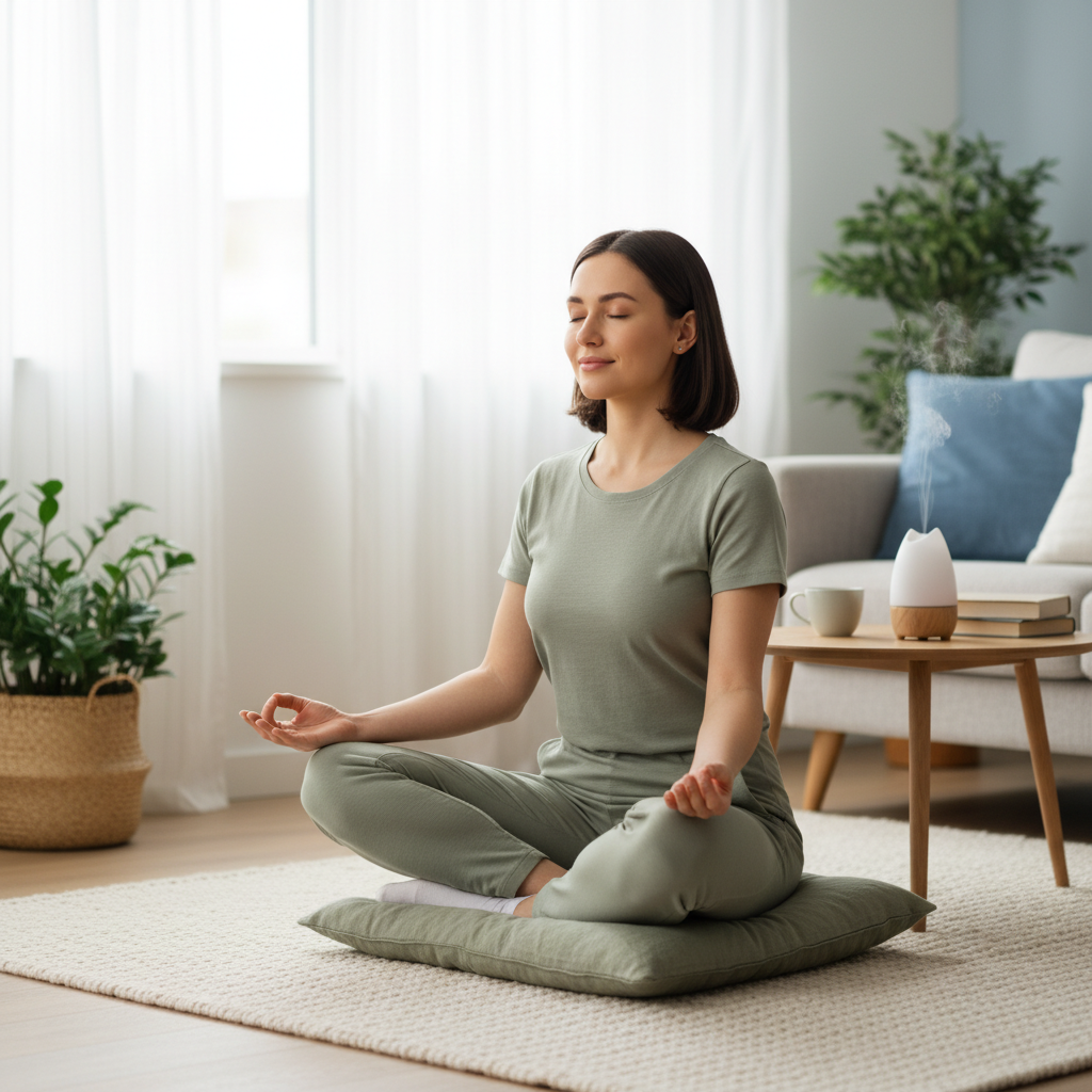 An intimate and heartfelt depiction of someone benefiting from mindfulness: a relaxed person enjoying family moments, taking a mindful walk with a friend, and a peaceful night’s sleep, highlighting mindfulness’s positive impact on everyday life.