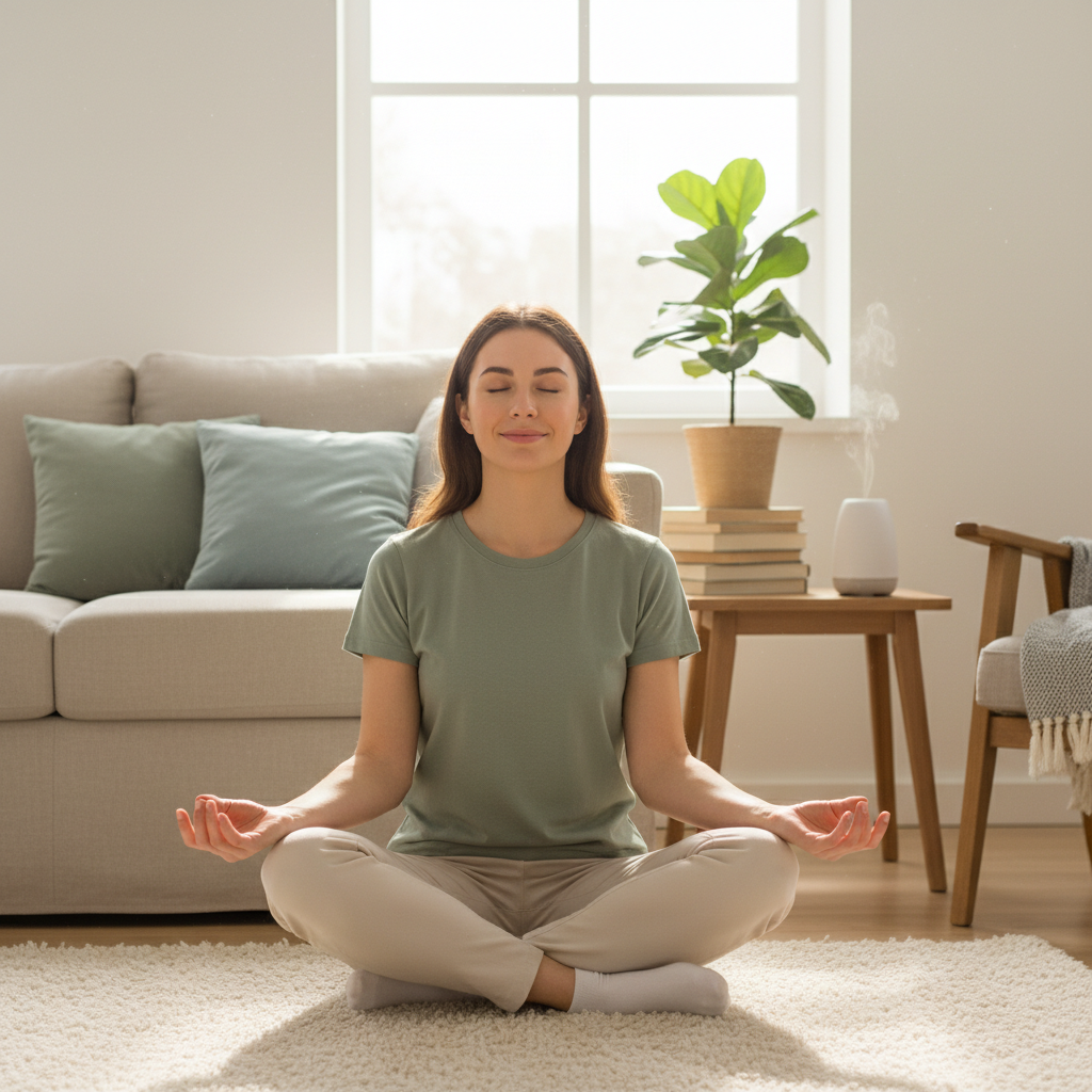 Illustrations representing the best mindfulness activities for beginners: mindful breathing (person breathing calmly), body scan meditation (person lying down relaxed), mindful walking (person walking in nature noticing surroundings), mindful eating (person savoring a meal), and five senses grounding (icons representing the five senses).