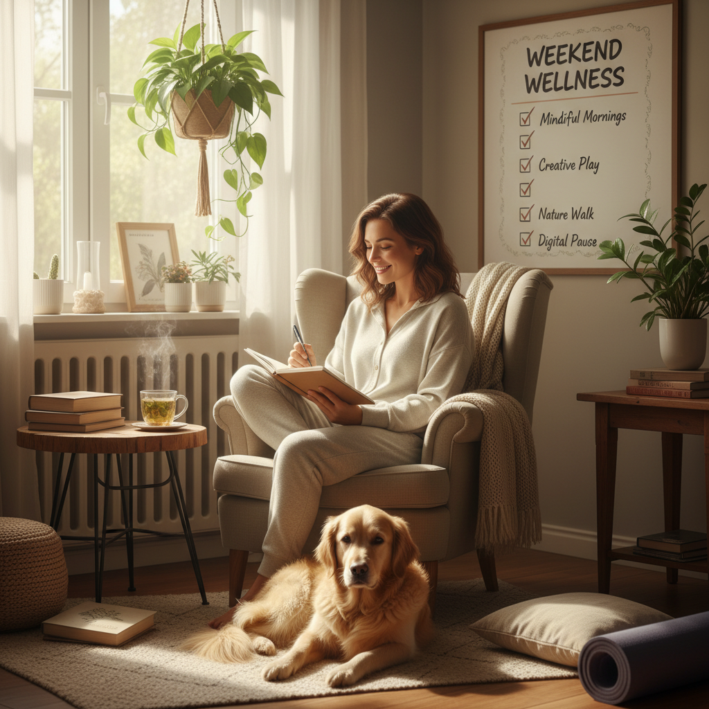 A calming FAQ-style illustration with icons related to mental health tips, emphasizing encouragement and reassurance for adaptable, gentle weekend self-care practices.