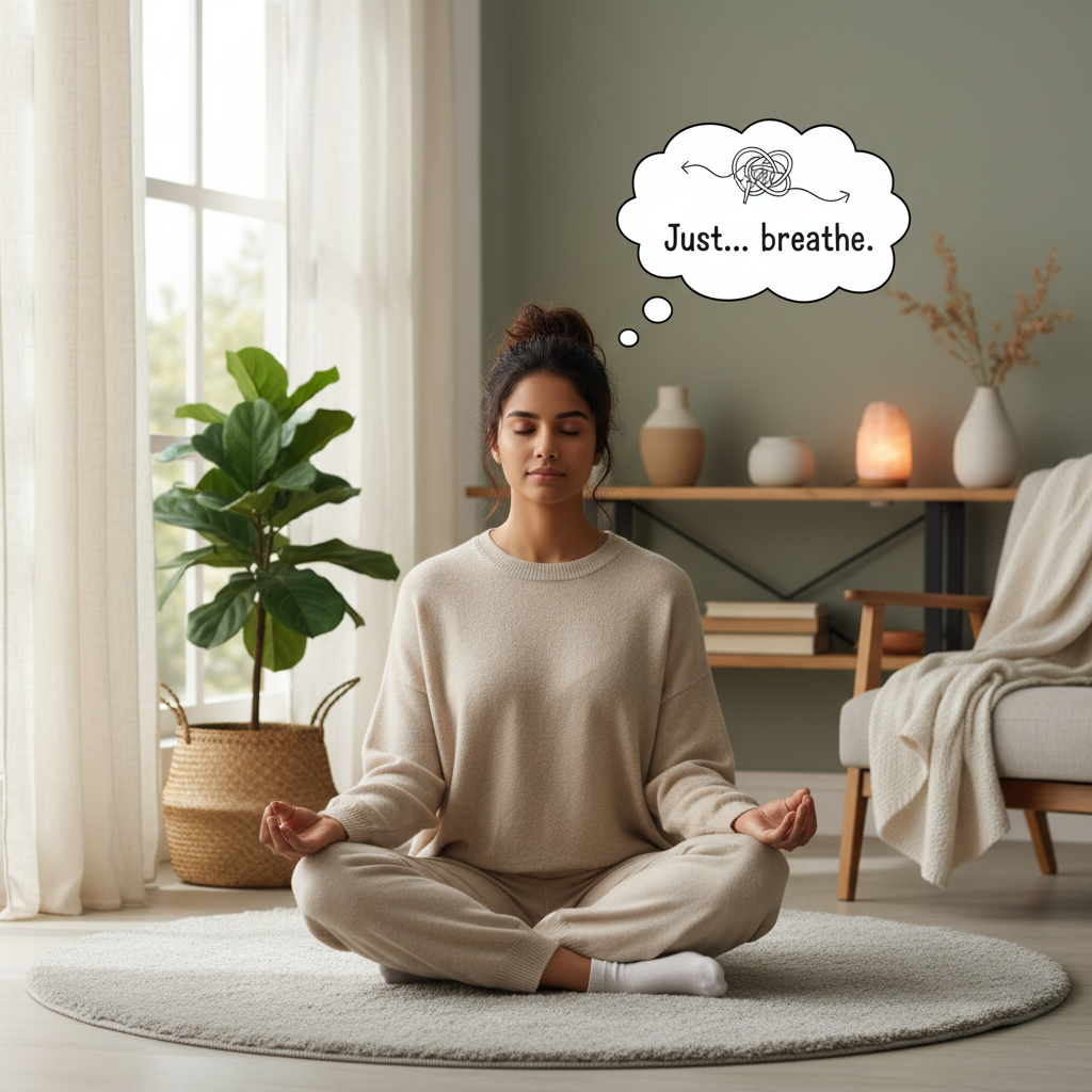 A calm and inviting scene illustrating a person starting mindfulness practice, such as someone peacefully sitting and gently focusing on their breath in a cozy, clutter-free room.