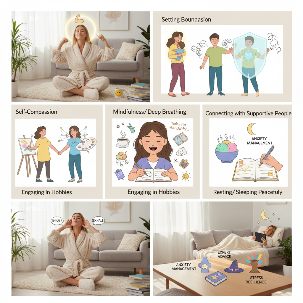 Person meditating surrounded by calming, restorative elements representing emotional self care after burnout