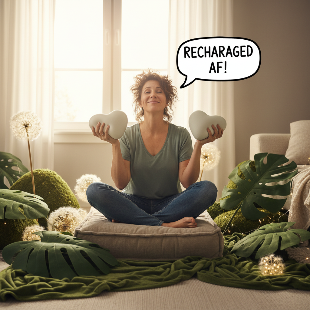 Icons representing resources like meditation guides, boundary-setting, comfort food, anxiety management, expert advice, and stress resilience