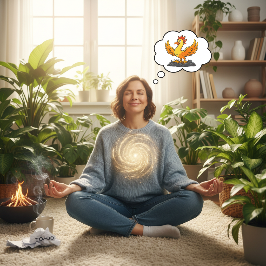 Illustration collage showing 7 emotional self care ideas after burnout: self-compassion, boundaries, mindfulness, connection, hobbies, journaling, sleep