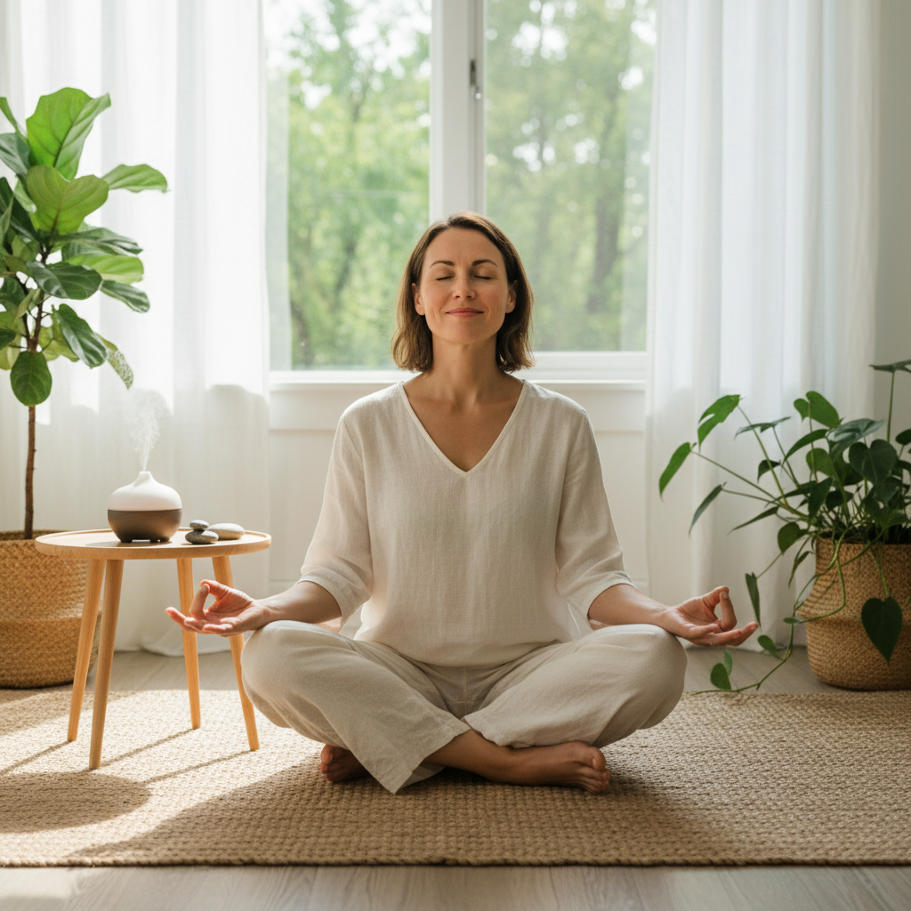 A serene nature scene showing a person engaging with nature—feeling the breeze, touching leaves, and listening to birds—illustrating grounding and calming effects.