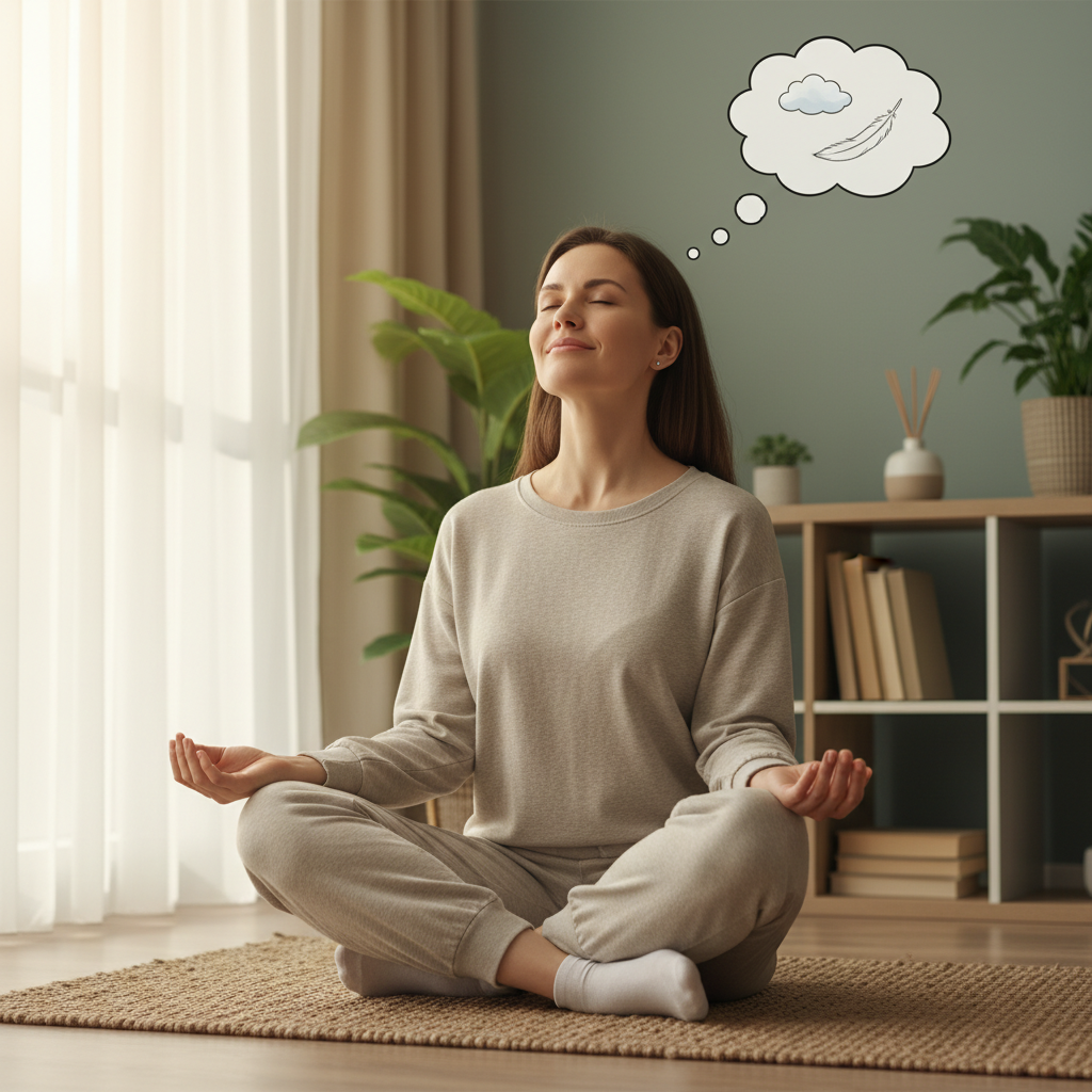 A cozy setting featuring comfort items like a soft blanket, squishy pillow, and a stress ball emitting calming scents like vanilla, symbolizing tactile self-soothing tools.