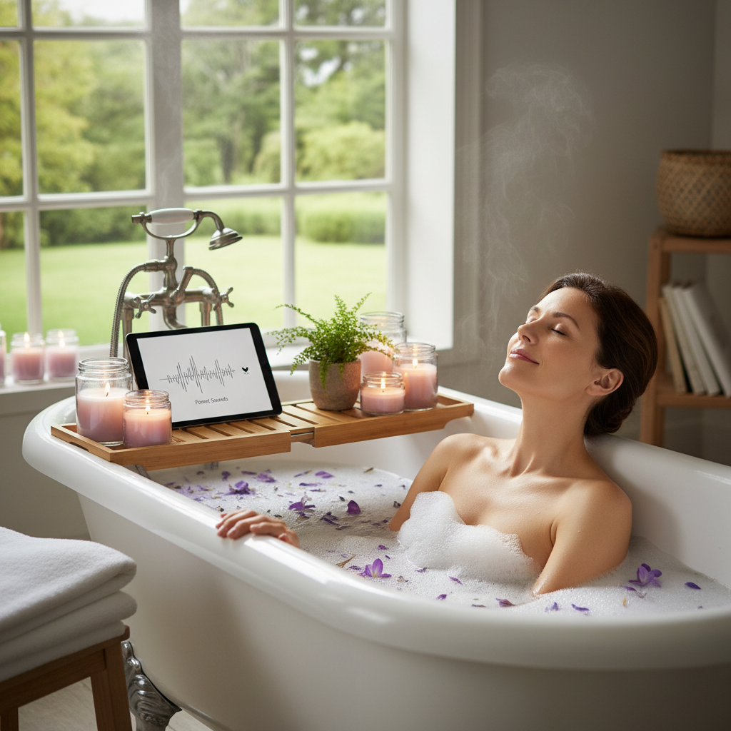 A digital detox scene with someone reading a book and enjoying a cup of tea next to a window with a view of nature.