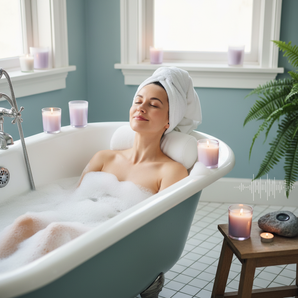 A cozy, serene Sunday morning scene showing a person soaking in a warm bath with lavender candles and nature sound ambiance in the background.