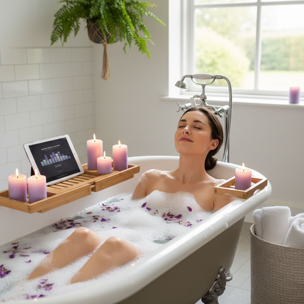 A nourishing breakfast or tea ritual setup on a rustic table featuring a smoothie bowl, avocado toast, and a steaming cup of tea.