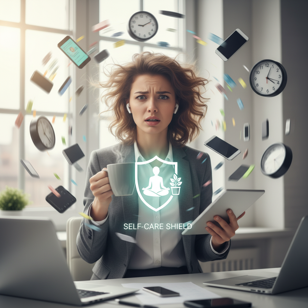 A calming scene depicting various self-care activities such as drinking water, stretching, meditating, eating healthy foods, and sleeping well, representing building an easy self-care routine.