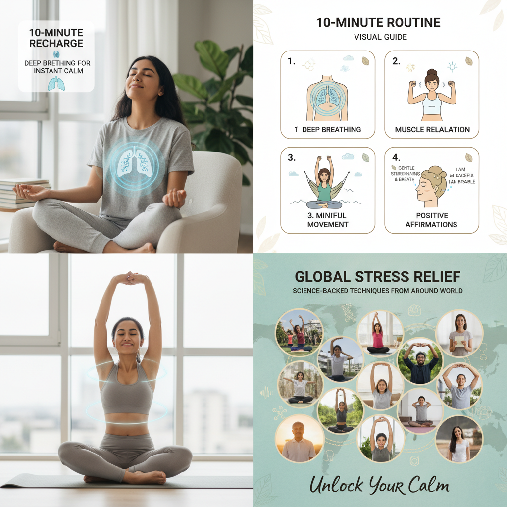 Calming motivational image representing tips for relaxation, such as a relaxed person gently stretching or smiling peacefully