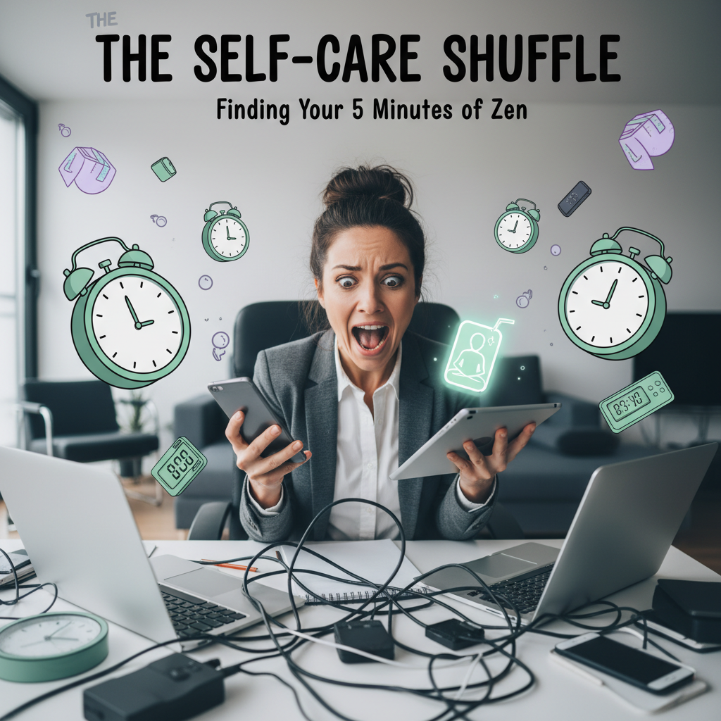 An illustration showing a busy person surrounded by clocks and gadgets, highlighting the importance of fitting an easy self-care routine into a fast-paced life.