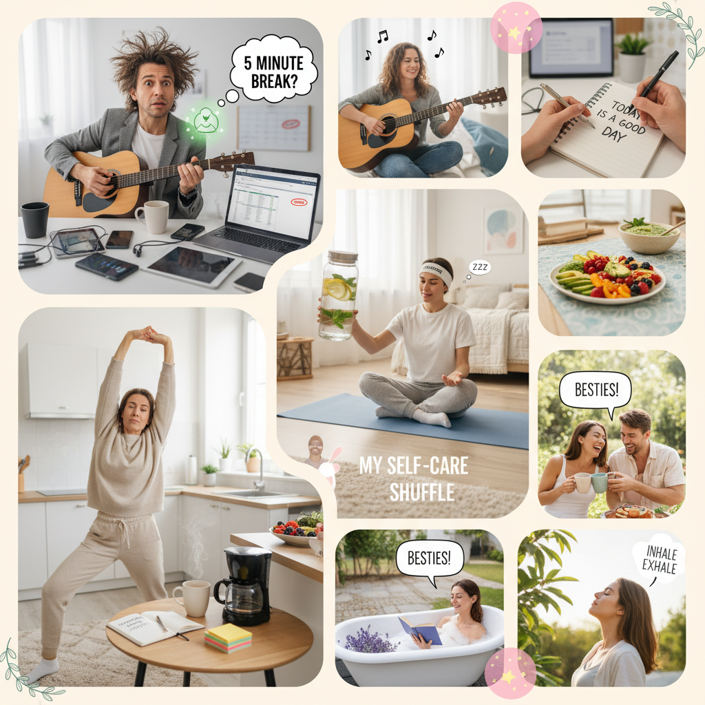 A cozy, relatable scene of a person integrating self-care into daily life, like stretching while brewing coffee and writing gratitude notes, showing a personal self-care shuffle.