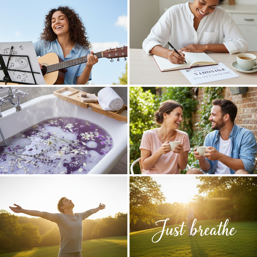 A cheerful, uplifting montage of simple self-care ideas like playing music, writing positive thoughts, enjoying a lavender bath, chatting with a friend, and breathing outside, encouraging quick self-care practices.