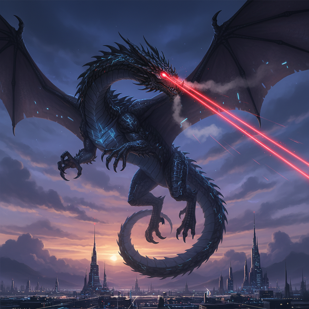 A fierce dragon with glowing red laser eyes soaring through a twilight sky, symbolizing mythical power fused with futuristic intensity.