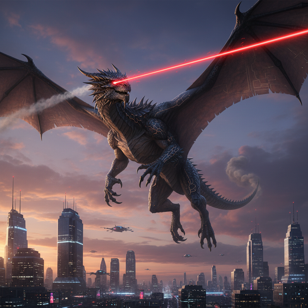 A vibrant scene highlighting the dragon with laser eyes in crypto and NFT culture, with digital collectibles, blockchain symbols, and a futuristic fantasy backdrop.
