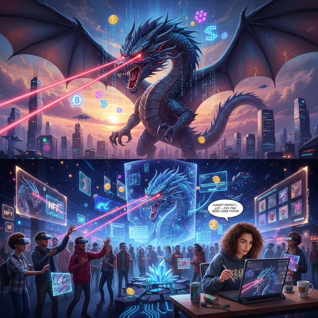 An artist creating laser-eyed dragon artwork on a digital tablet, showcasing tips like glowing laser effects, color contrast, and detailed scales.