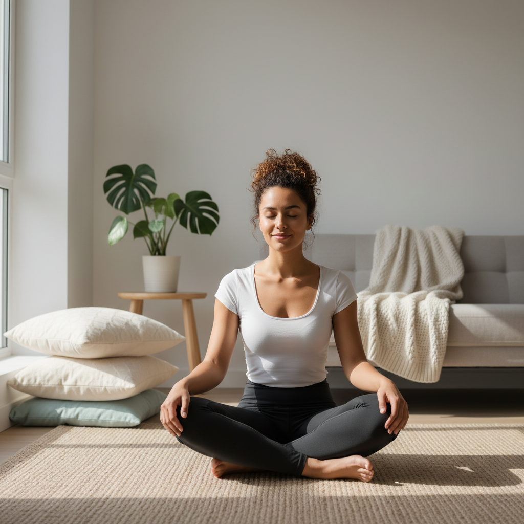 A series of five beginner yoga poses: Cat-Cow Stretch, Child's Pose, Downward-Facing Dog, Low Lunge, and Standing Forward Bend, demonstrated by a diverse person in comfortable yoga attire in a bright, minimal room.