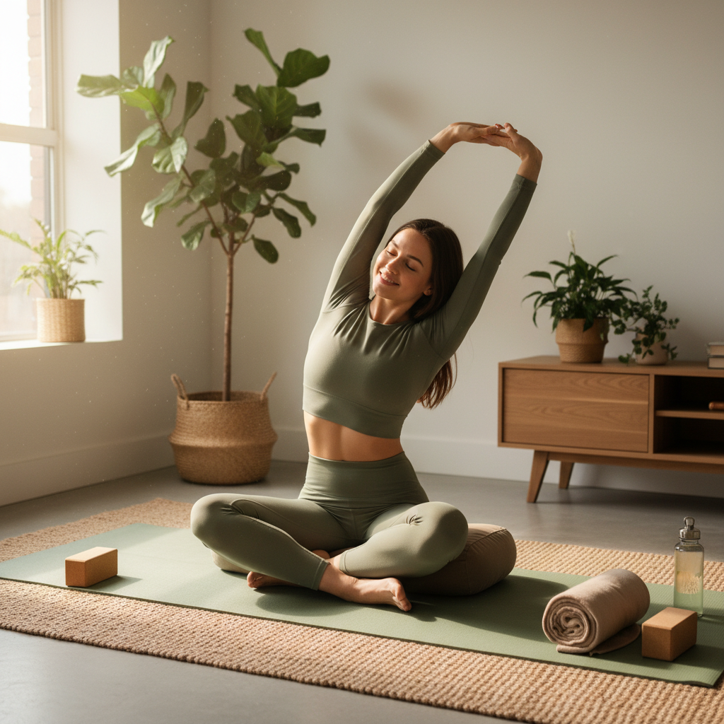 A serene scene showing a person practicing mindful breathing during yoga, using yoga props like blocks and pillows, with a calm and focused expression, emphasizing slow and gentle movement.