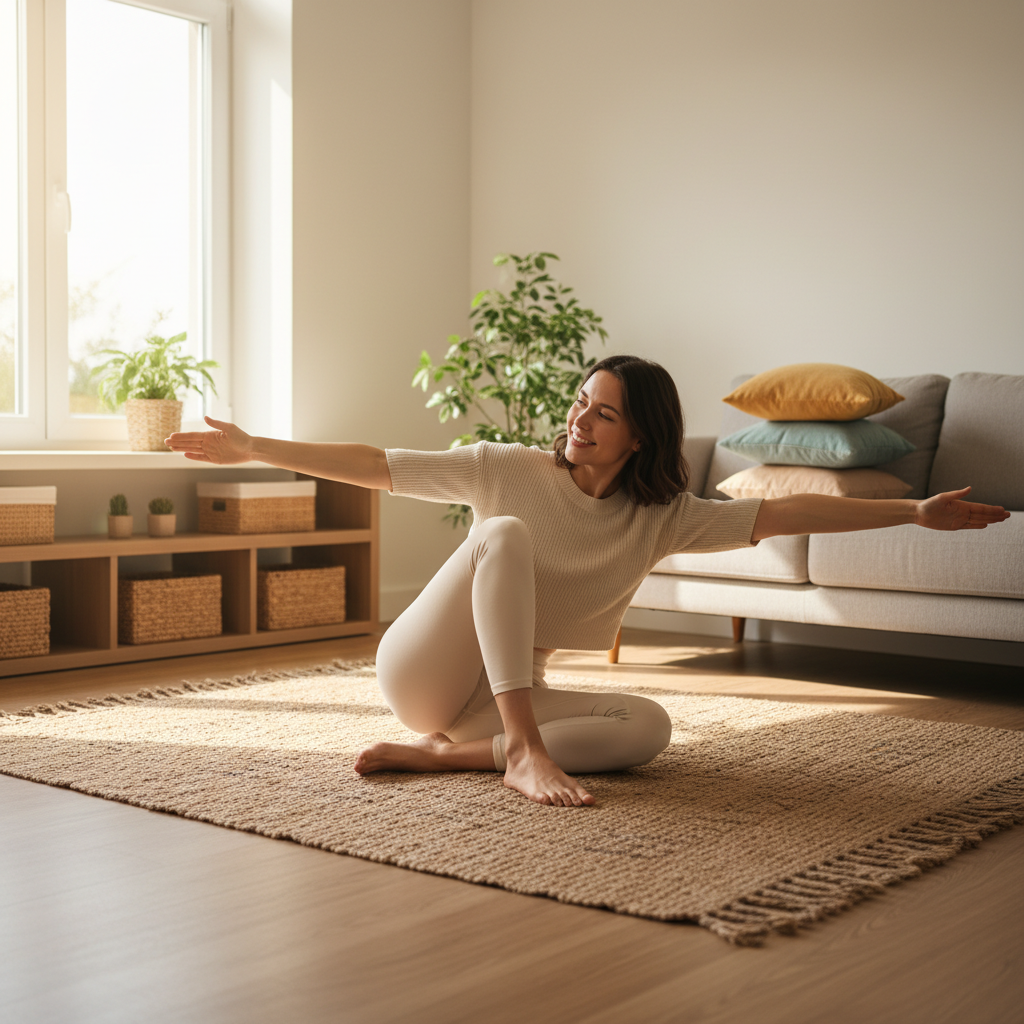 An illustration showing the benefits of easy yoga stretches for beginners, highlighting flexibility, stress reduction, and no equipment needed, with icons representing these benefits.
