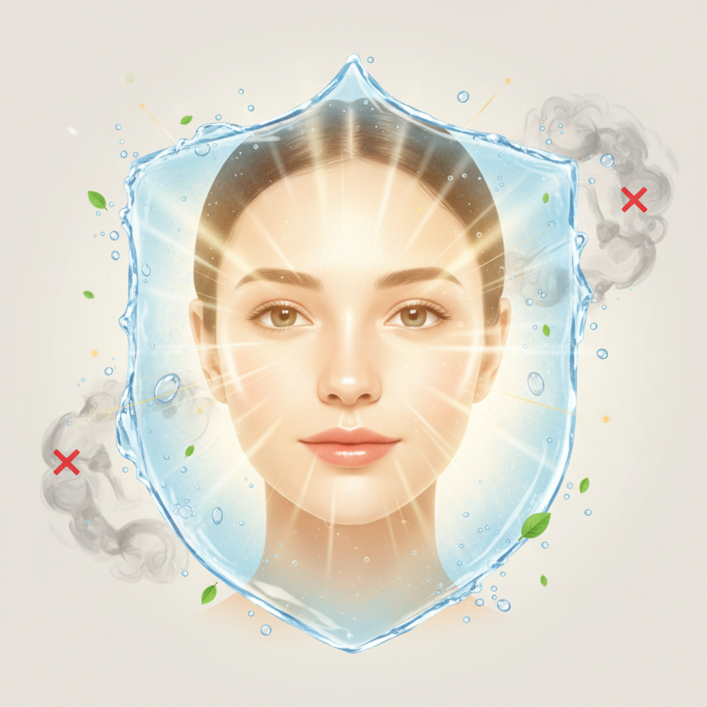 Illustration of glowing, radiant skin symbolizing health and vitality, with visual elements like hydration and protection from pollution and stress.