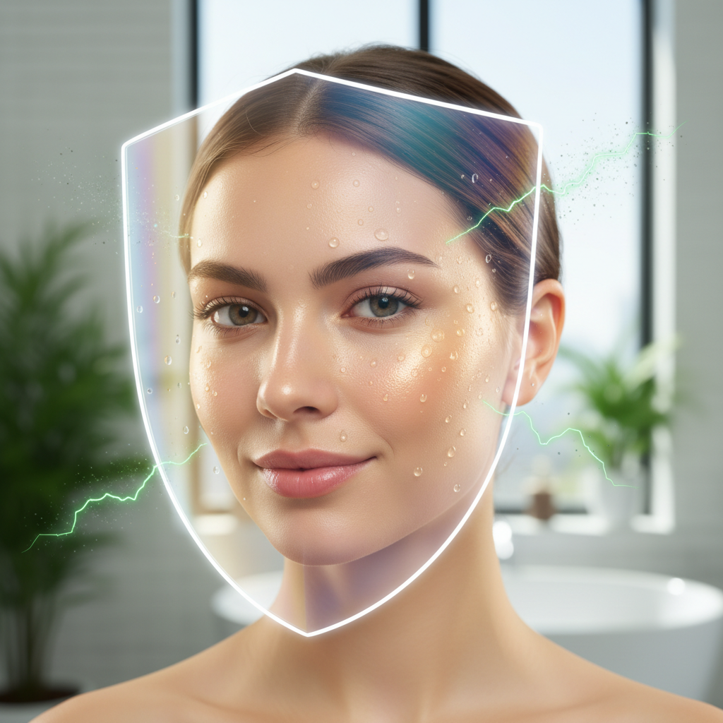 A personal skincare transformation scene showing a young woman applying sunscreen and vitamin C serum in a morning routine, capturing the 'glow-up' story.