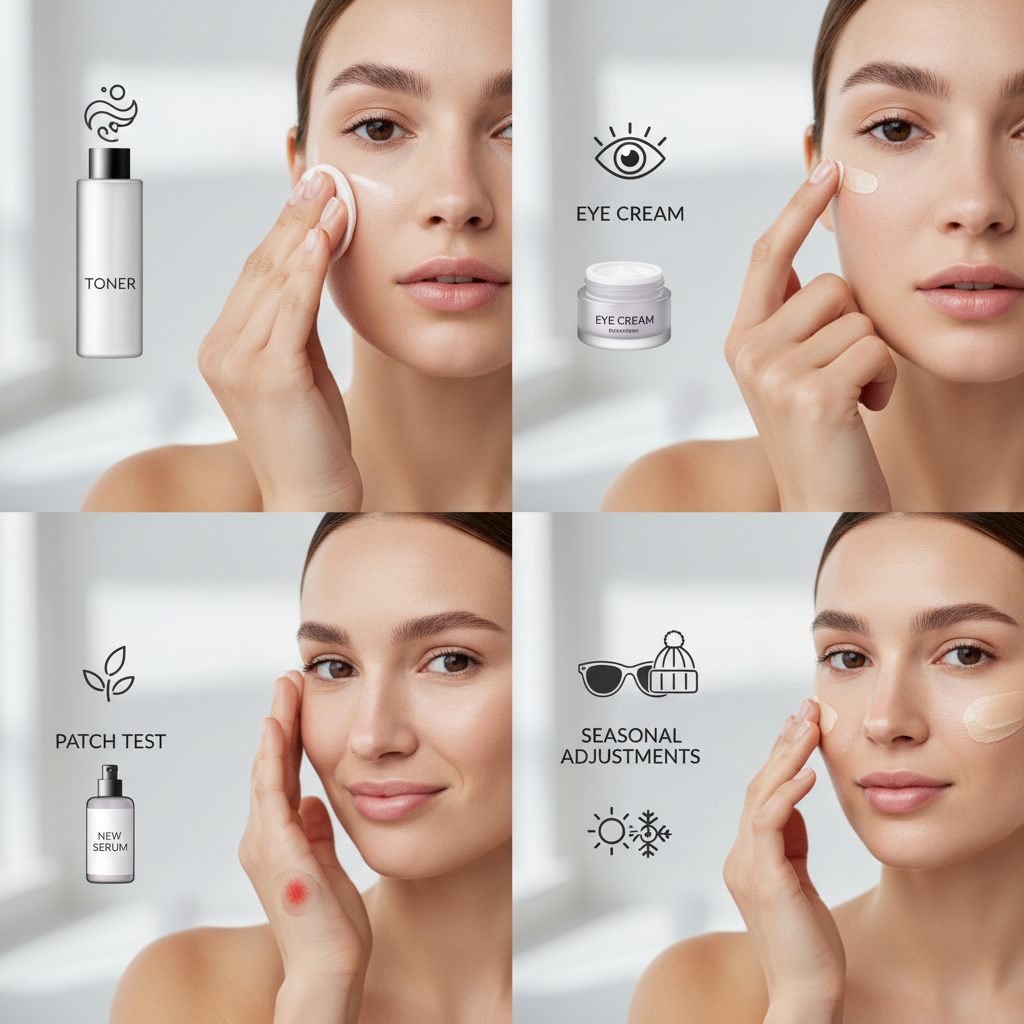 A step-by-step visual guide of key skincare tips: gentle cleansing, exfoliating, applying vitamin C serum, moisturizing, sunscreen application, hydration, and healthy lifestyle habits.