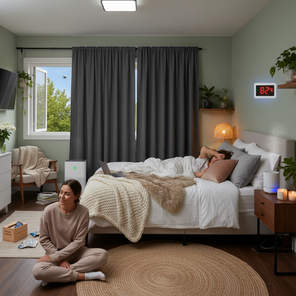 A busy, noisy bedroom with bright lights and a thermostat showing a high temperature, illustrating a disruptive sleep environment.