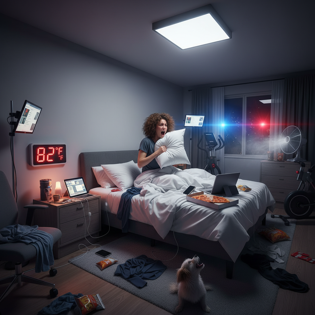 A healthy bedroom environment setup highlighting a phone-free zone, relaxing scents like lavender via diffuser or candle, and good air quality with an air purifier or open window.