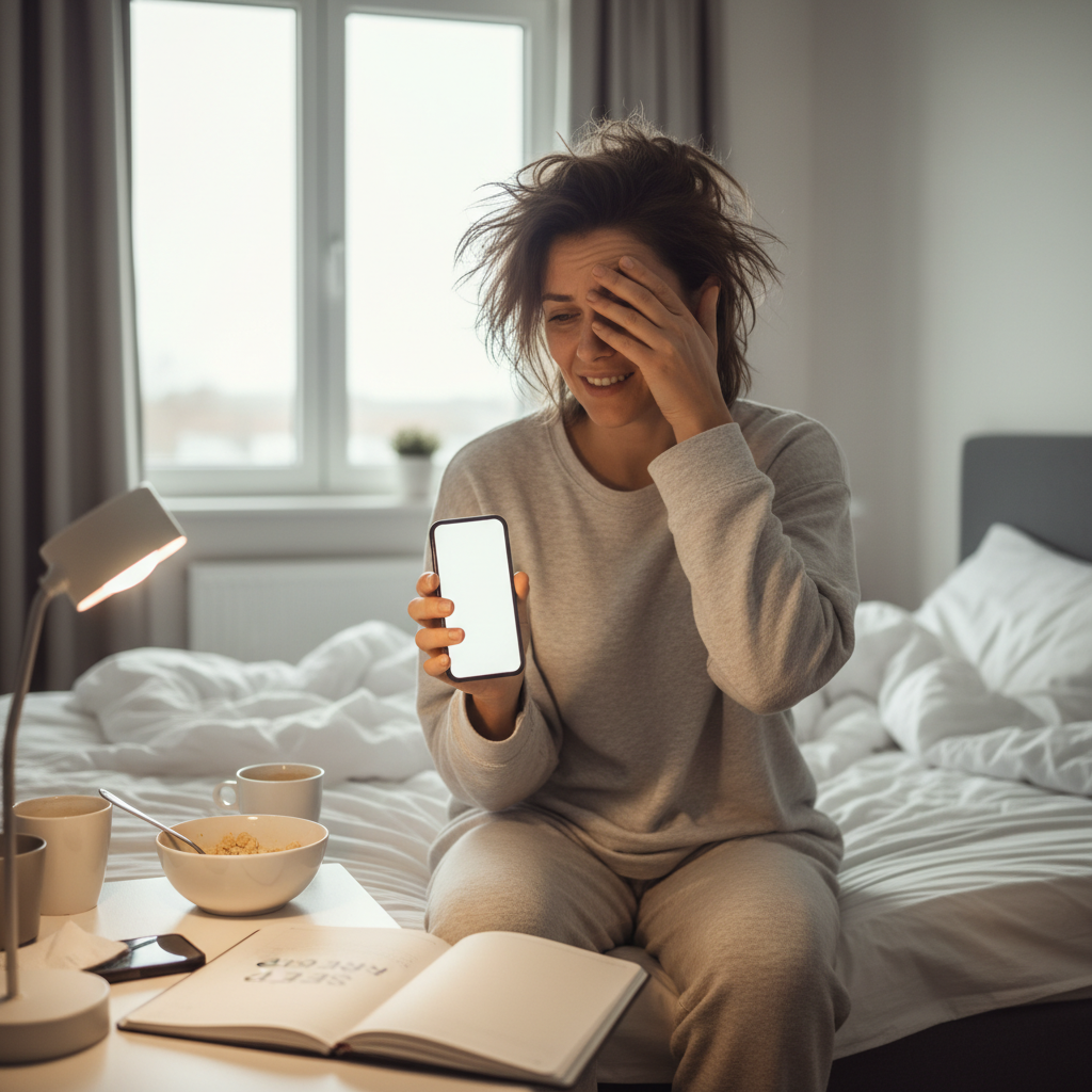 A cozy bedroom scene showing blackout curtains, a white noise machine, and calming bedtime rituals like herbal tea and journaling