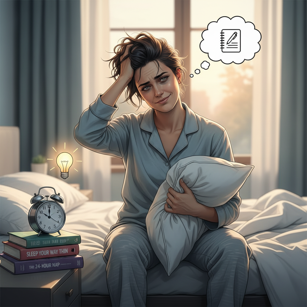 Illustration of a person struggling with sleep, looking tired but hopeful