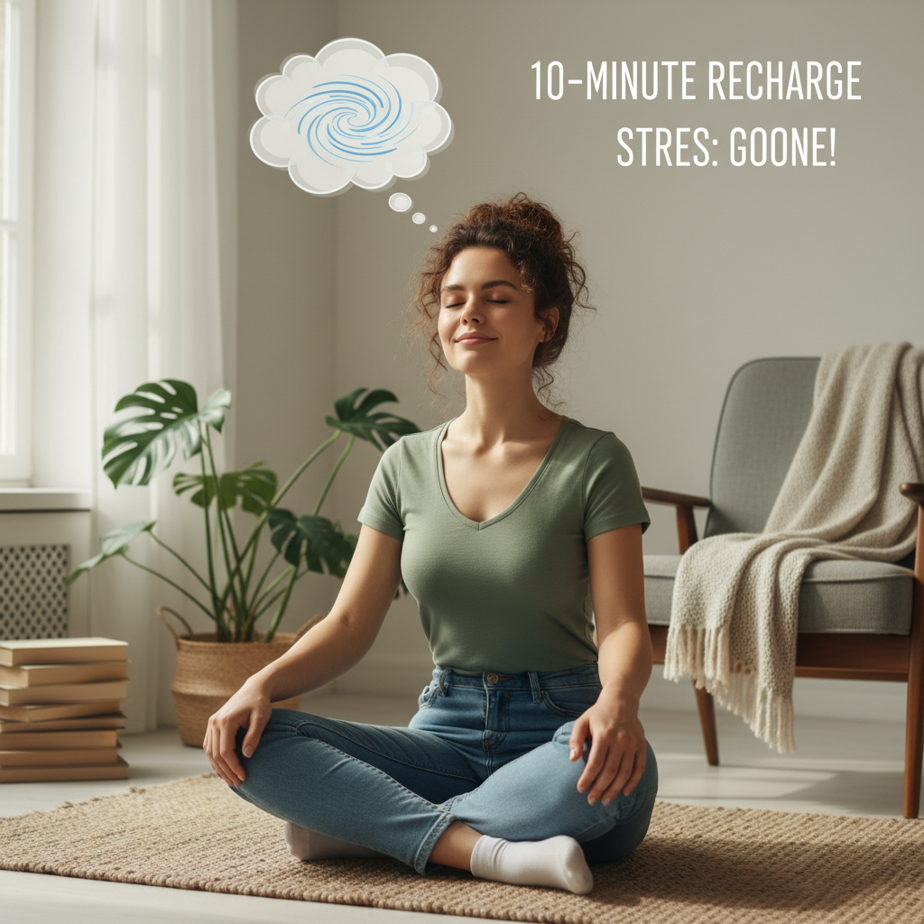 Person taking a quick 10-minute break using deep breathing techniques in a calm environment highlighting stress relief benefits