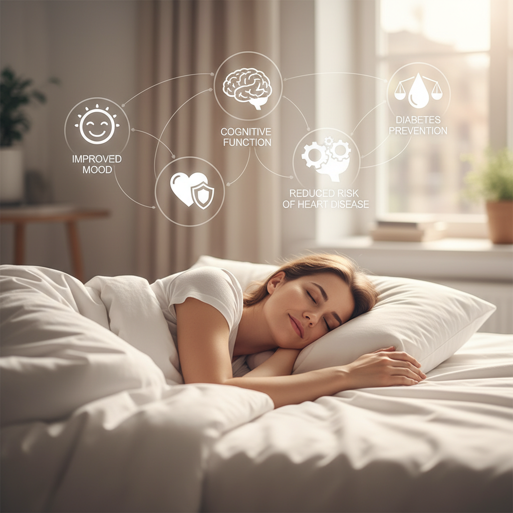 A cozy and optimized bedroom environment with supportive mattress and pillows, blackout curtains, white noise machine, and no electronic devices conveying a sleep sanctuary vibe