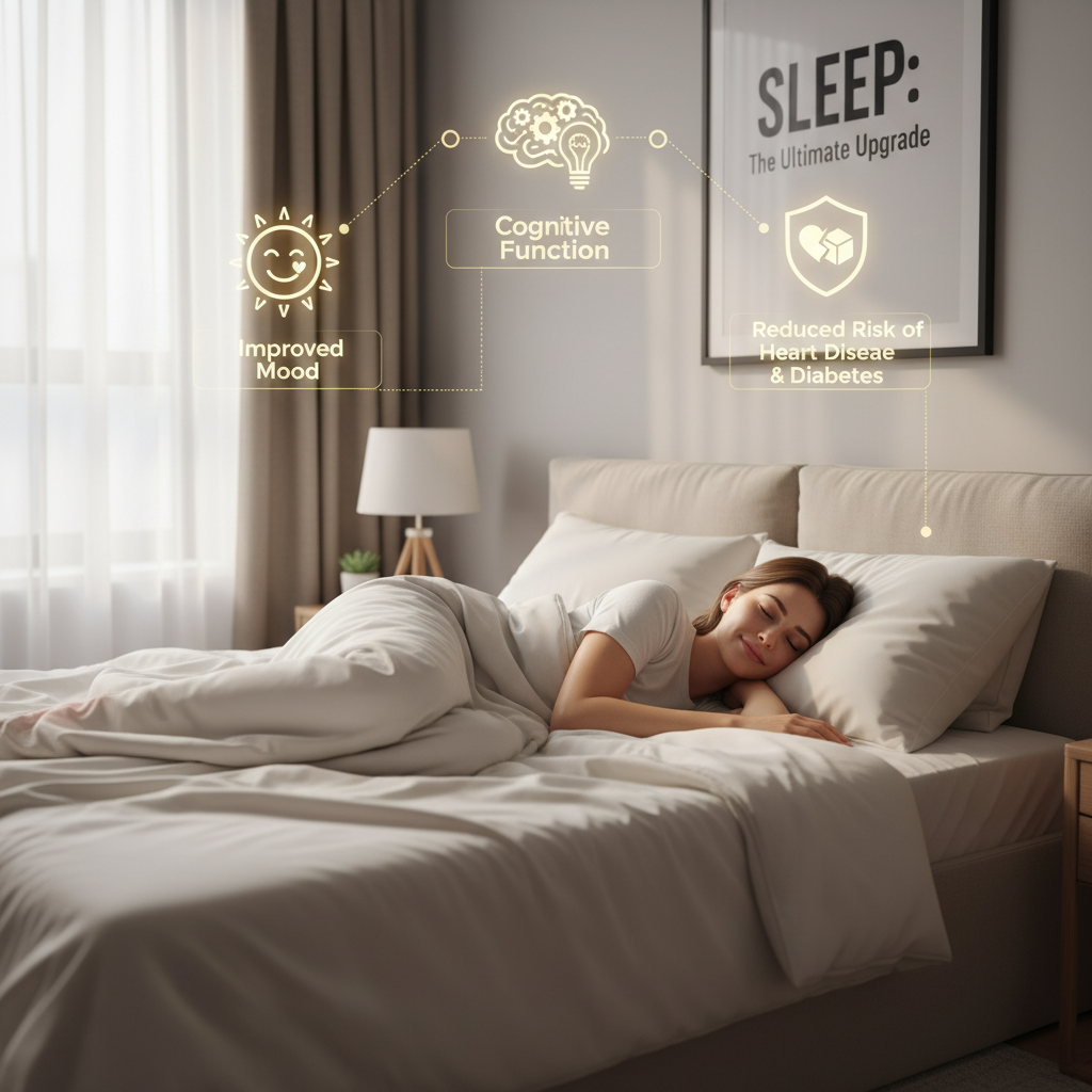 Illustration showing the importance of sleep quality for health with a person peacefully sleeping surrounded by icons representing improved mood, cognitive function, and reduced risks of heart disease and diabetes