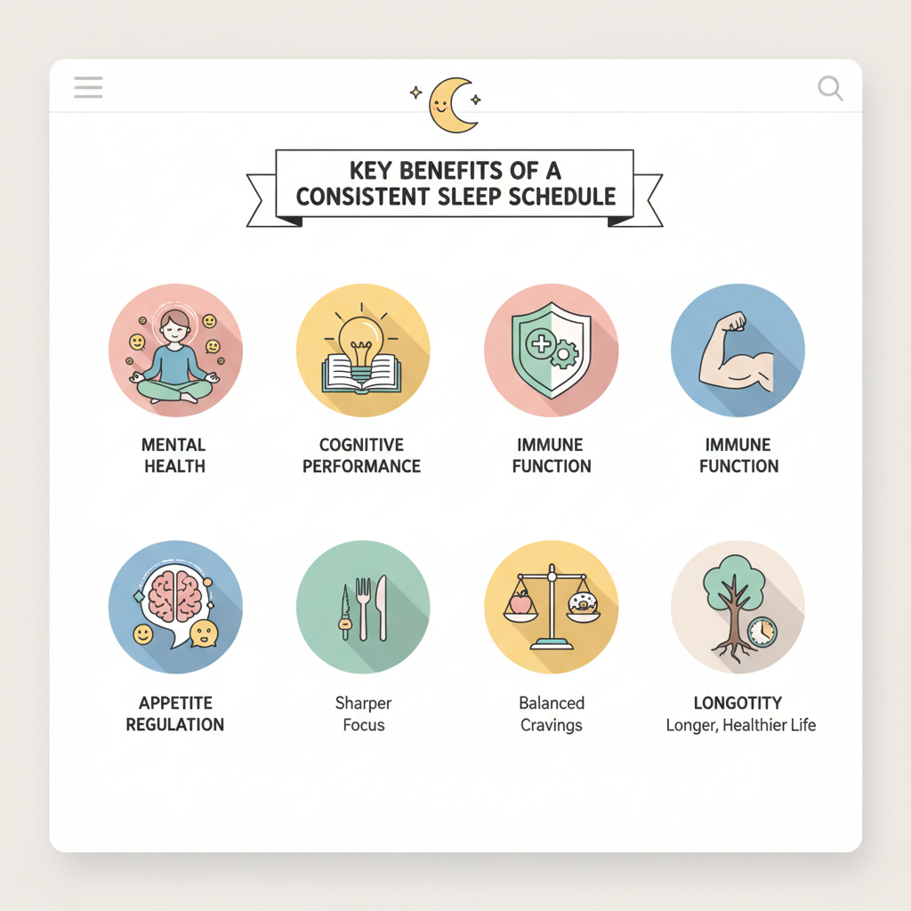A visual infographic depicting the key benefits of a consistent sleep schedule, including mental health, cognitive performance, immune function, appetite regulation, and longevity, using icons or symbolic imagery for each benefit.