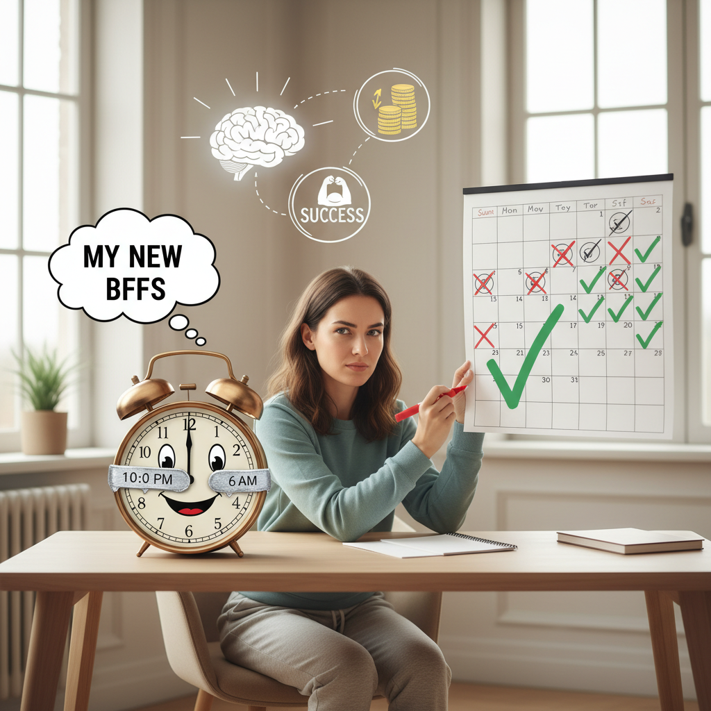 An illustration showing a person setting a consistent sleep schedule with a clock and calendar, representing the concept of why focusing on a sleep schedule is important.