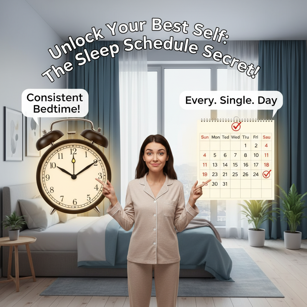 A cozy bedroom scene demonstrating personal tips for maintaining a sleep schedule, such as a calm environment, no screens, fixed bedtime and wake-up times, and a sleep tracking journal.