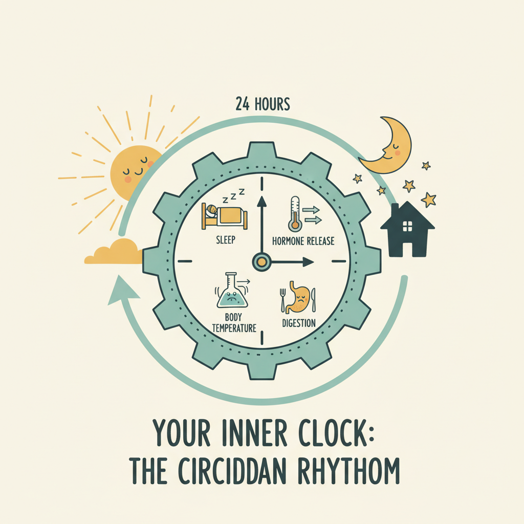 A calming morning scene depicting sunlight exposure with a person enjoying natural light, avoiding blue light at night (like screens or devices turned off), consistent meal times, a regular sleep routine, and morning exercise to represent tips for supporting the circadian rhythm effectively.