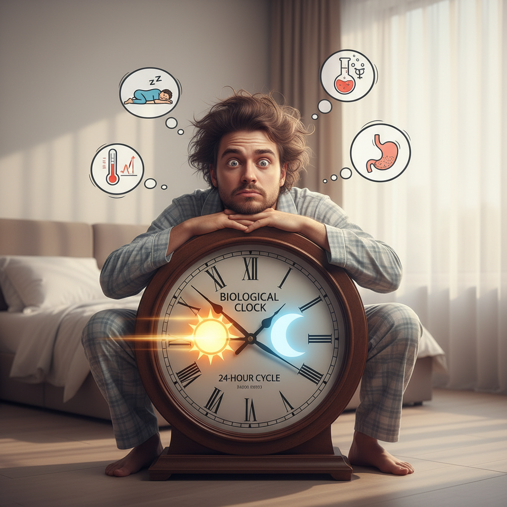 An illustration of the circadian rhythm as an internal biological clock syncing with the natural cycle of sunrise and sunset, showing the 24-hour cycle affecting sleep, hormone release, body temperature, and digestion.