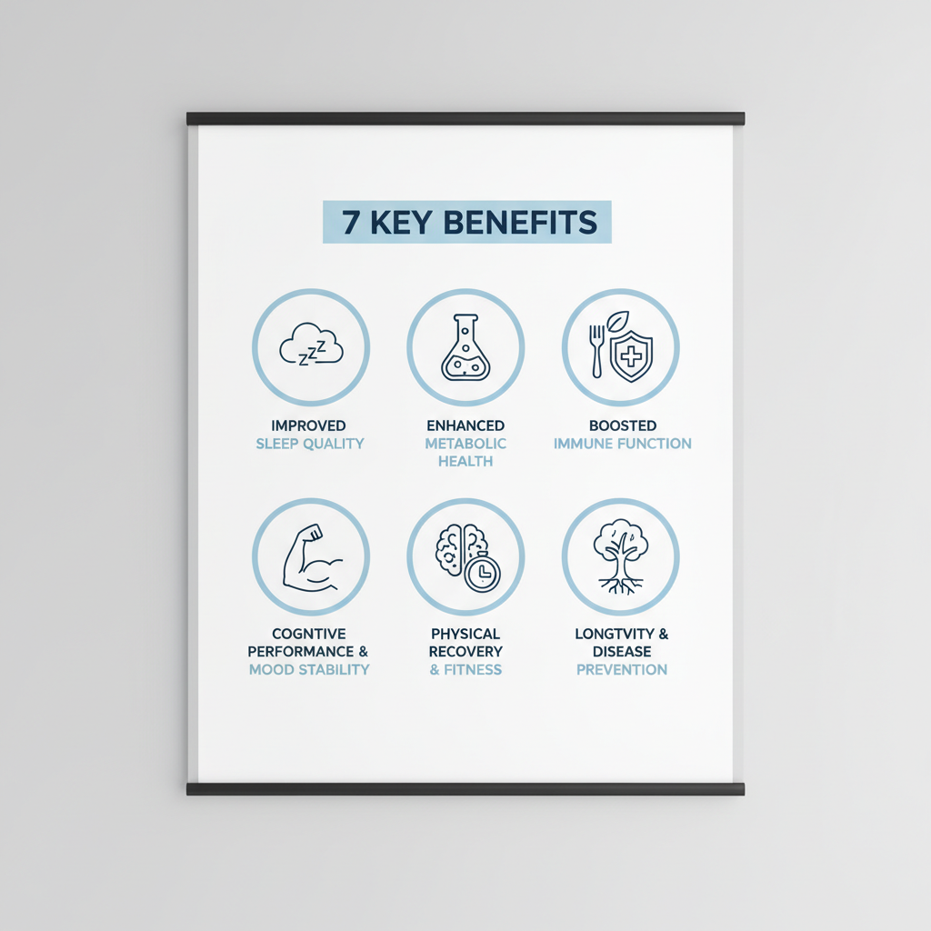 A visual infographic highlighting the 7 key benefits of a well-regulated circadian rhythm: improved sleep quality, hormone regulation, enhanced metabolic health, boosted immune function, cognitive performance & mood stability, physical recovery & fitness, and longevity and disease prevention.