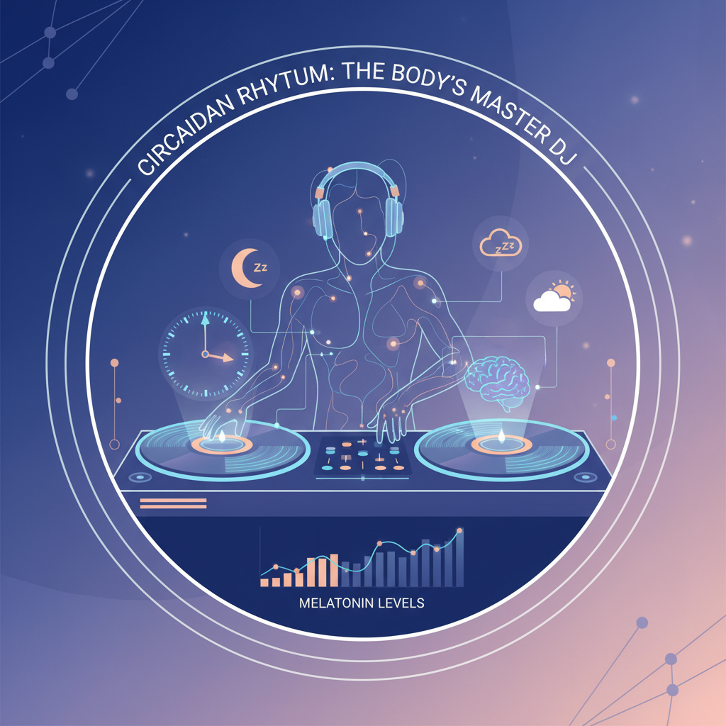 A conceptual illustration showing the body’s internal clock or circadian rhythm as a DJ spinning records, with symbolic elements like a clock, brain, and sleep icons to depict the science behind sleep routines.