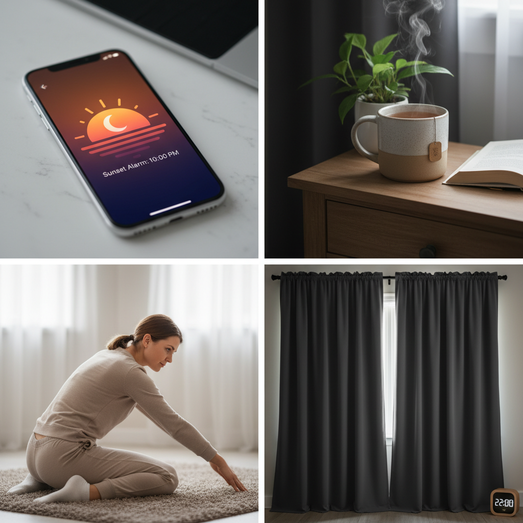 A cozy, serene bedroom environment with blackout curtains, a white noise machine, and comfortable bedding, highlighting key components of effective sleep routines such as a consistent sleep schedule and optimized sleep environment.