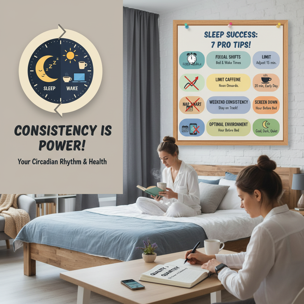 A cozy and calming bedroom scene demonstrating an ideal sleep environment with cool, dark, and quiet elements such as blackout curtains and a white noise machine, alongside a person following a relaxing pre-sleep ritual.