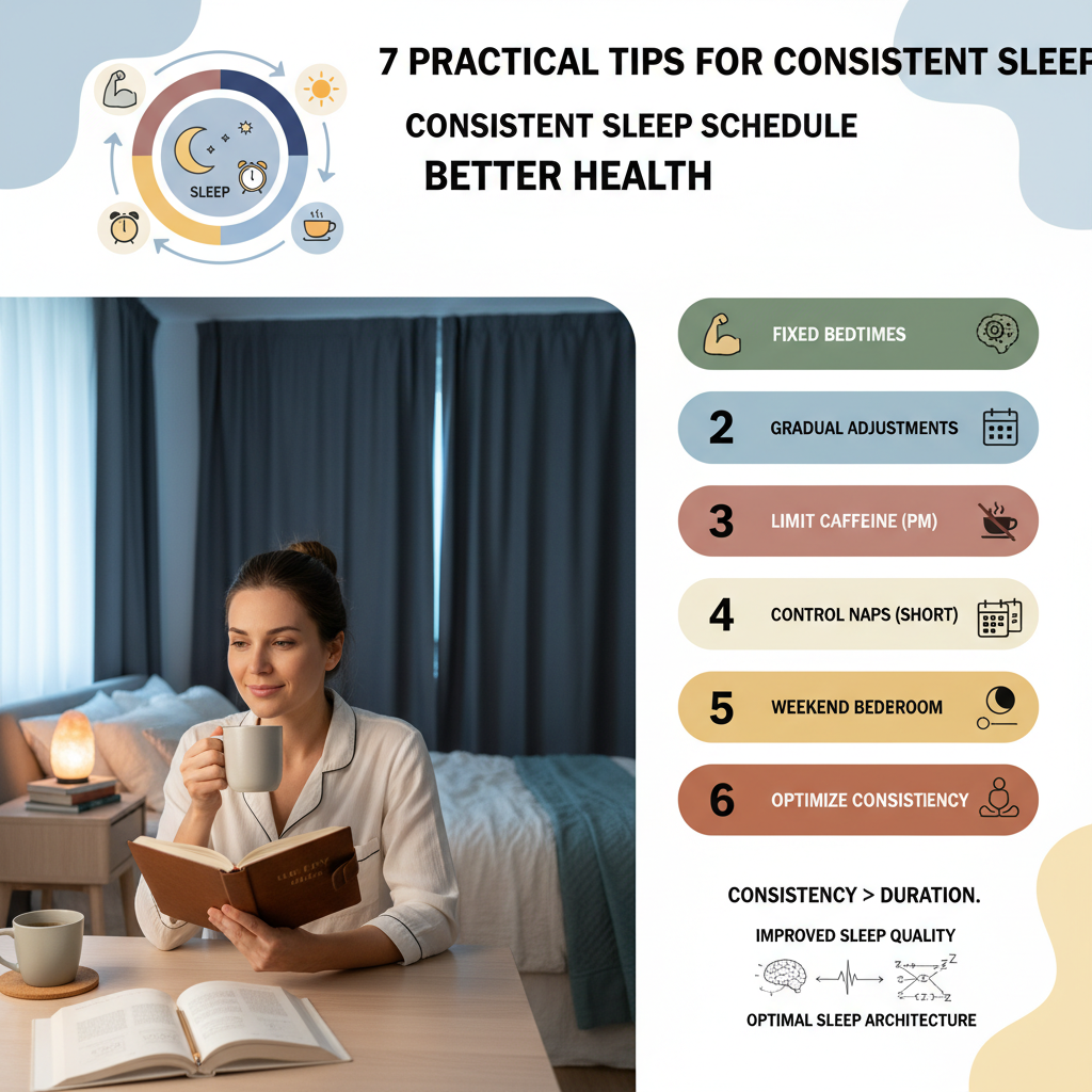 Illustration of a human circadian rhythm clock with icons representing sleep and wake times, emphasizing the importance of a consistent sleep schedule for better health.