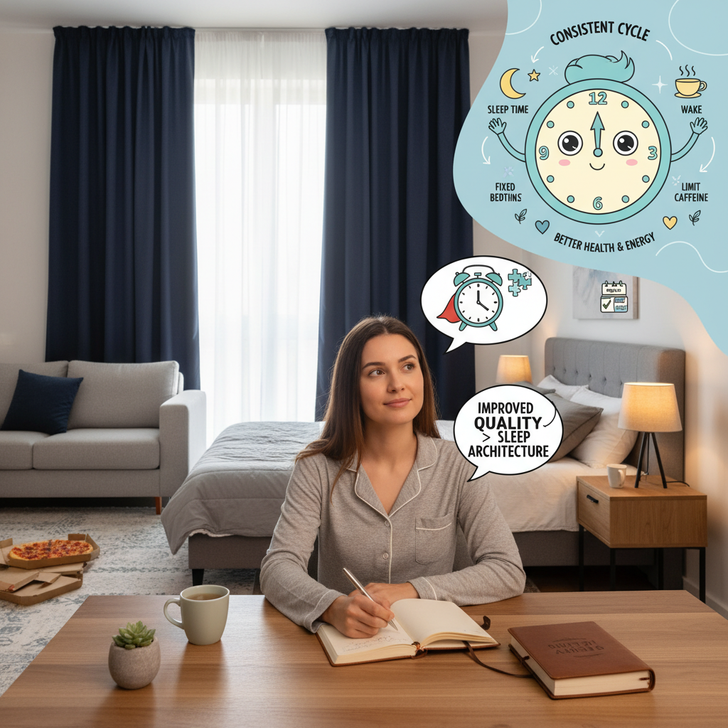 A person writing in a sleep diary, reflecting on the importance of sleep consistency over duration, symbolizing the concept of improving sleep quality and sleep architecture.