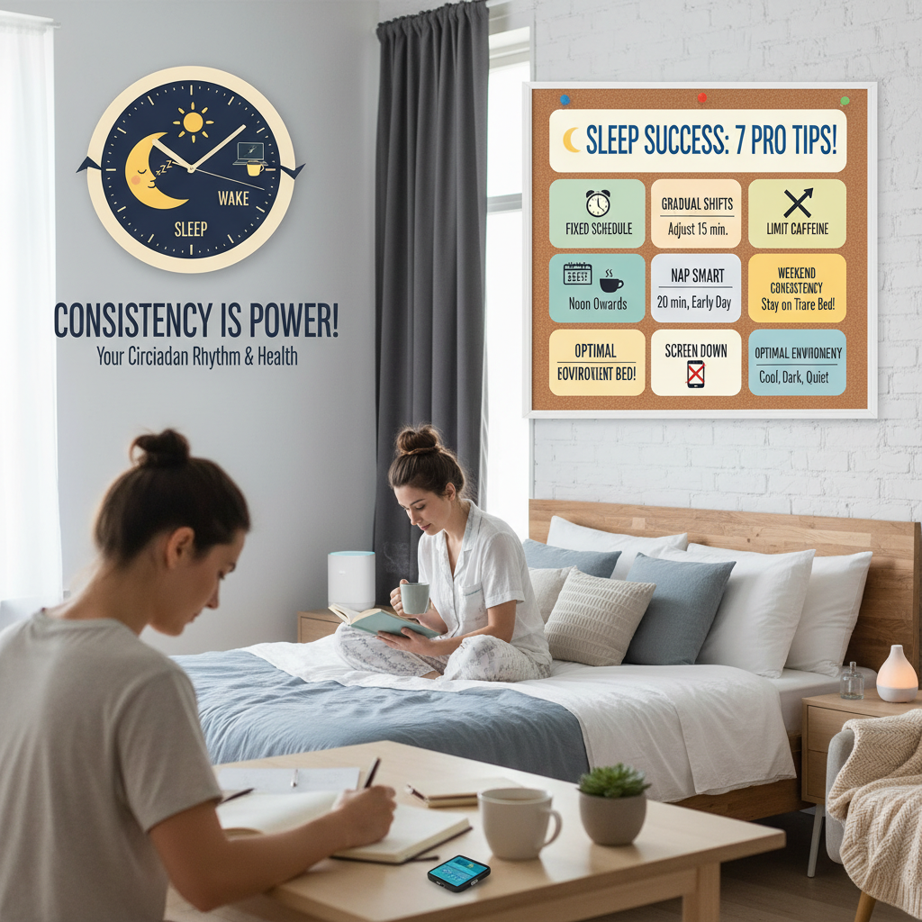 A visual infographic showing the 7 practical tips for maintaining a consistent sleep schedule, including fixed bedtimes, gradual adjustments, limiting caffeine, controlling naps, and weekend consistency.