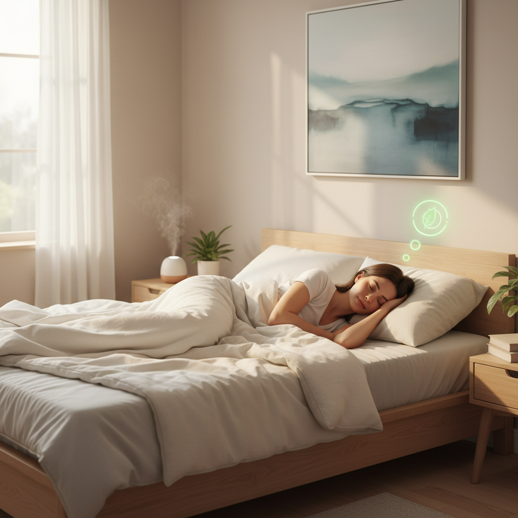 Illustration of a healthy, peaceful person sleeping through the night representing the importance of full night sleep for overall wellbeing and health.