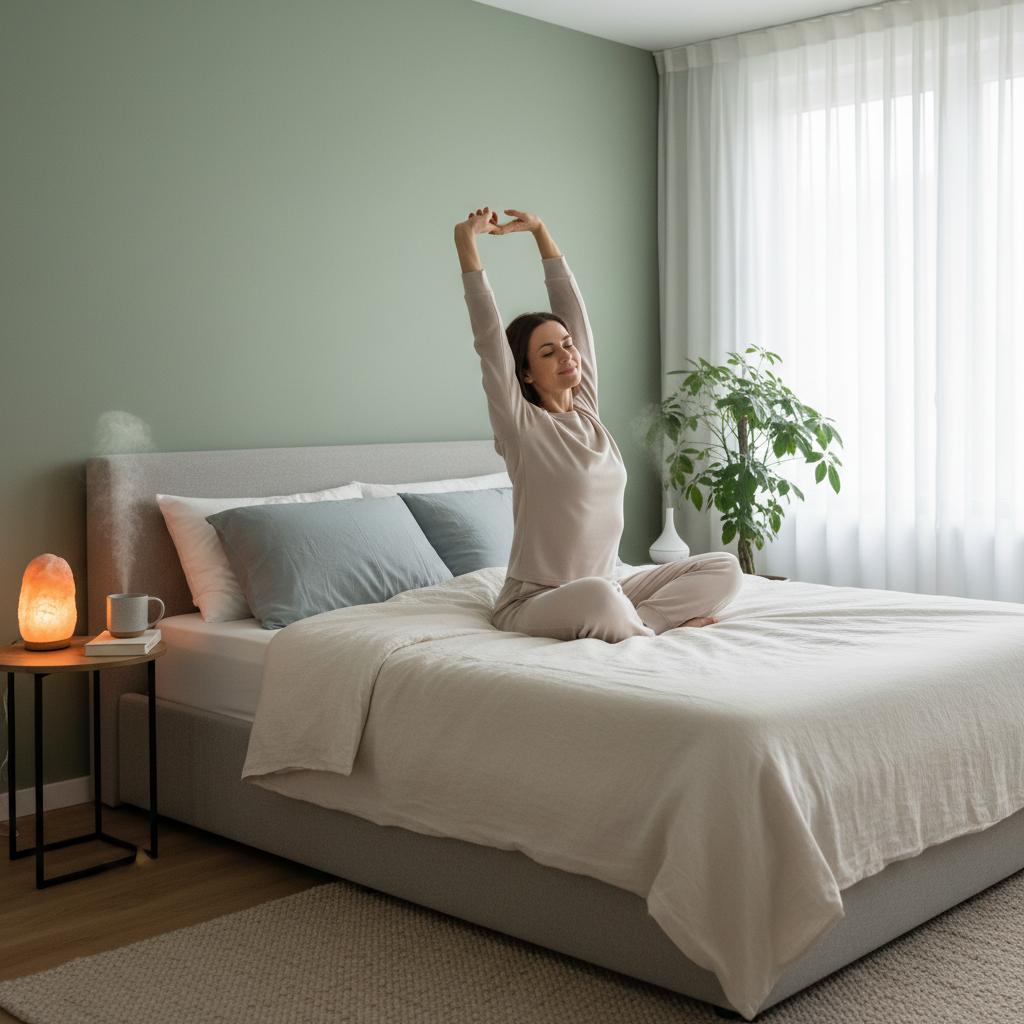 Illustration representing the concept of comprehensive sleep wellness, showing a healthy bedtime environment, mindset, and habits working together harmoniously.